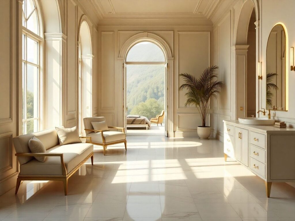 Elegant marble floor design with timeless herringbone pattern in neutral tones