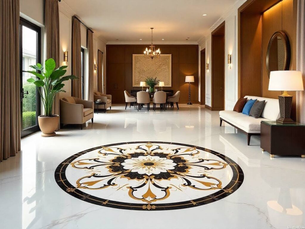 Luxury home interior featuring custom marble floor design with ornate medallion