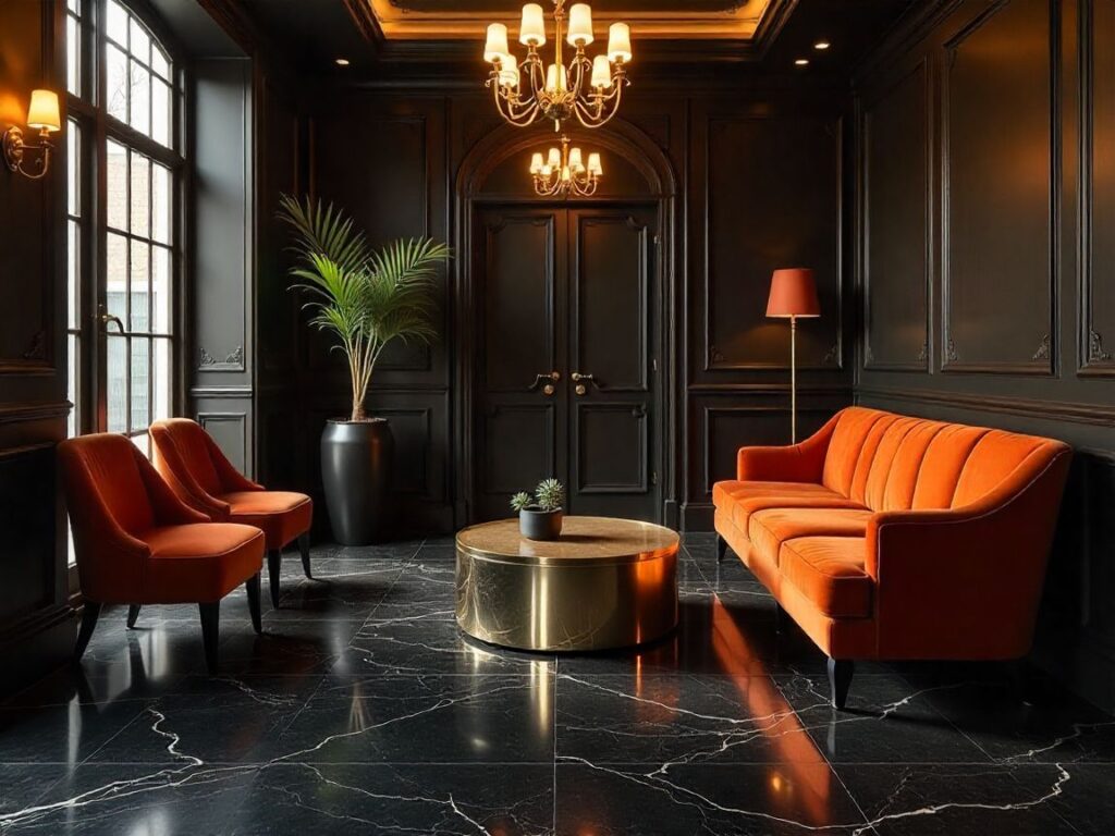 Luxurious interior featuring bold black marble floor design with glossy finish.