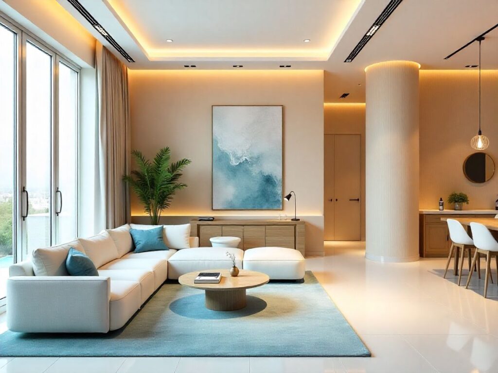 Collage of luxury Bahraini interiors showing tradition, modern design, and innovation.