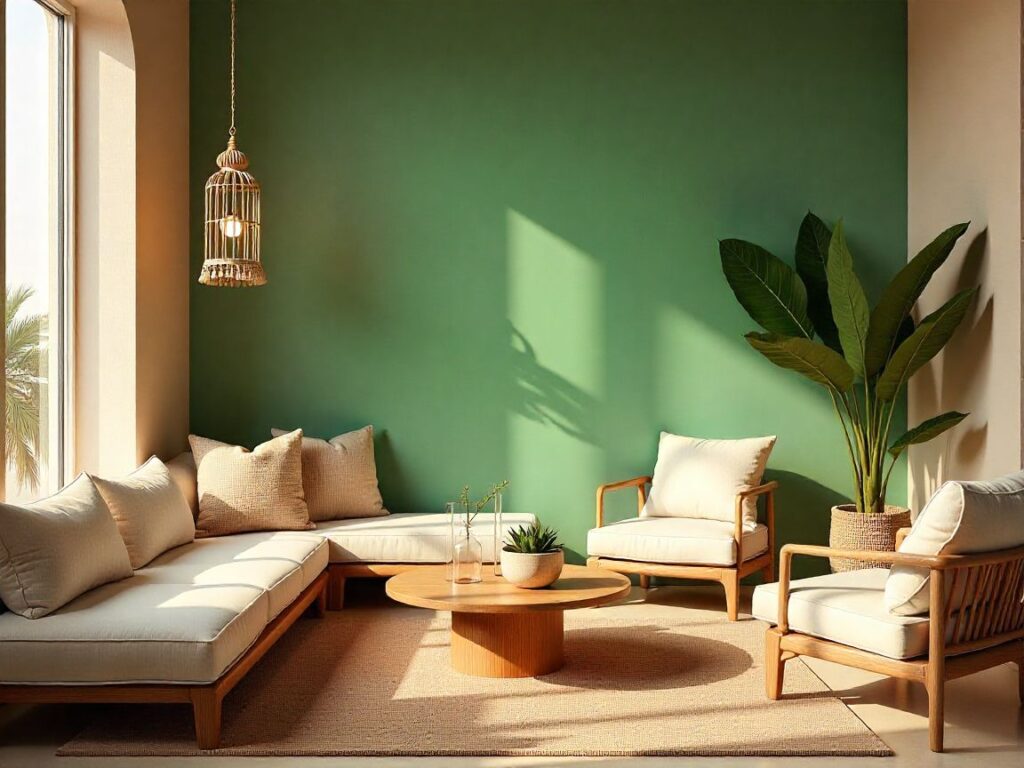 Modern Gulf home interior in Dubai styled with Boho Style — desert-inspired colors, low seating, Moroccan lanterns, natural textiles, indoor plants, and Islamic geometric patterns.
