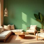 Modern Gulf home interior in Dubai styled with Boho Style — desert-inspired colors, low seating, Moroccan lanterns, natural textiles, indoor plants, and Islamic geometric patterns.