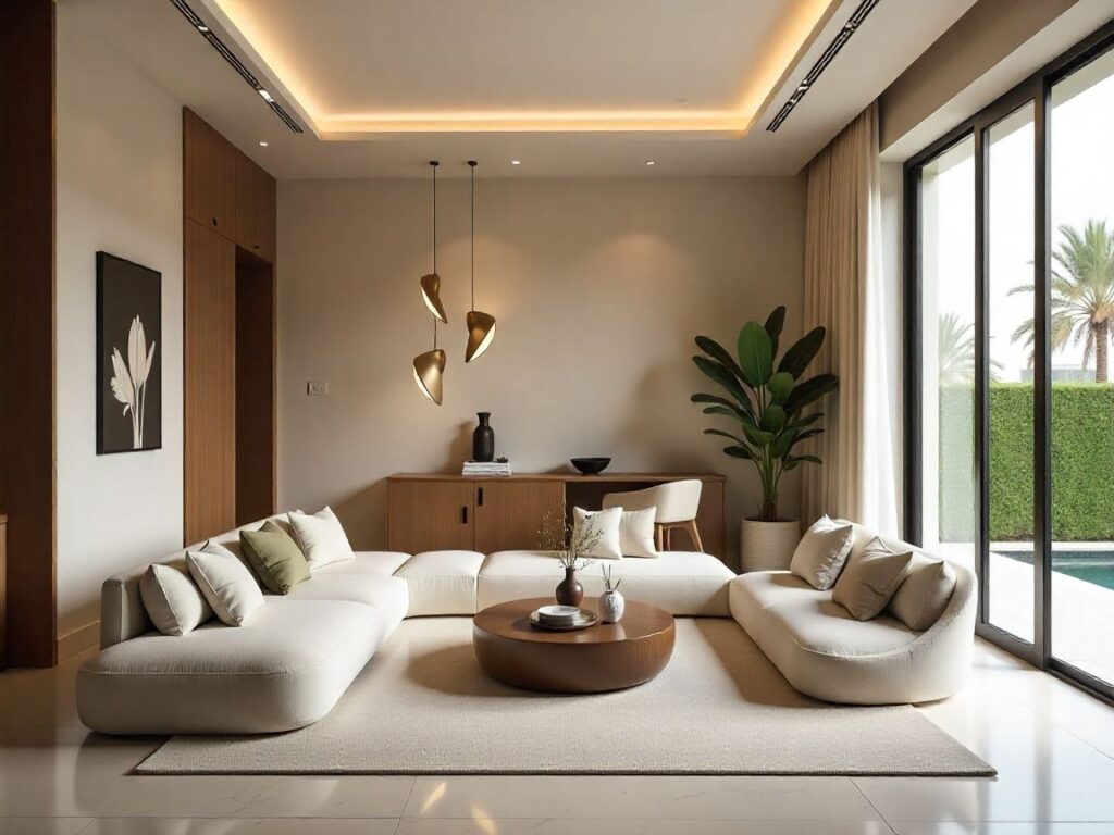 Collage of UAE interiors showing Dubai apartment, Abu Dhabi villa, and Sharjah cultural home.