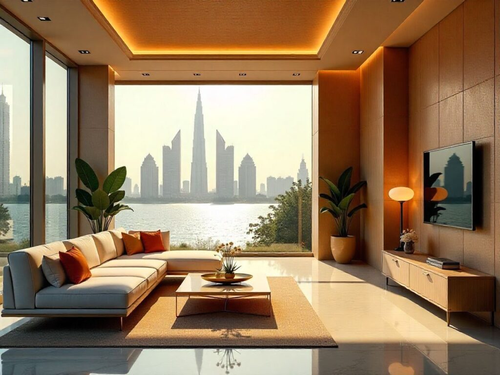A composite image showing Kuwait’s skyline transitioning into elegant interiors with Islamic motifs, sustainable materials, smart technologies, and minimalist aesthetics, symbolizing the country’s evolving design identity.