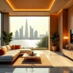 A composite image showing Kuwait’s skyline transitioning into elegant interiors with Islamic motifs, sustainable materials, smart technologies, and minimalist aesthetics, symbolizing the country’s evolving design identity.