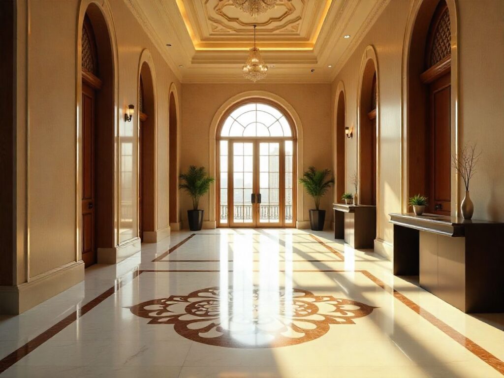 Grand Dubai interior showcasing premium marble floor design with intricate inlays