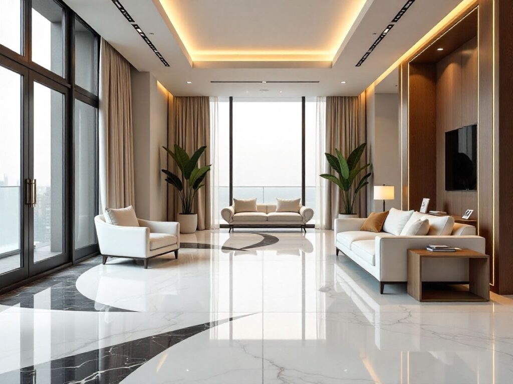 Grand luxury interior showcasing premium marble floor designs with natural light and elegant decor.