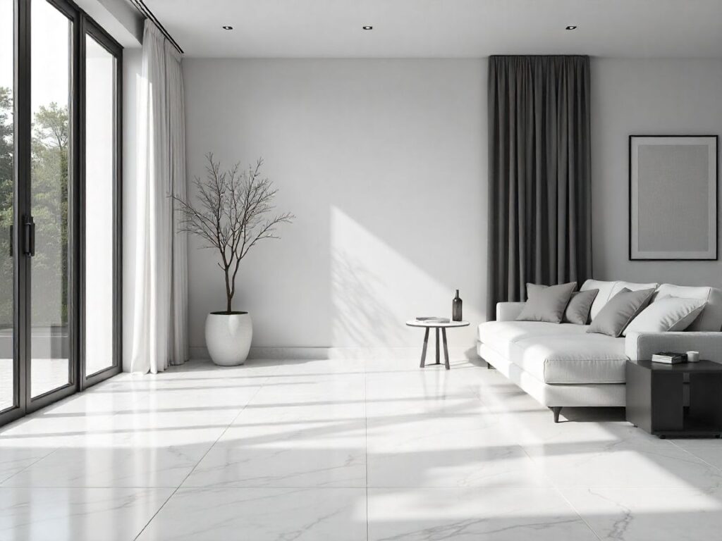Minimalist living room with sleek white marble floor design reflecting natural light