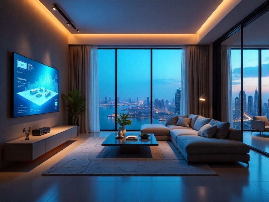Luxurious Gulf interior with AI interior design, smart lighting, and futuristic decor — Dubai skyline in background.