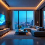 Luxurious Gulf interior with AI interior design, smart lighting, and futuristic decor — Dubai skyline in background.