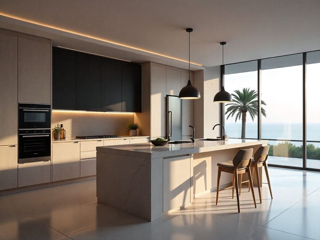 Ultra-luxury Dubai kitchen with statement island featuring premium materials, smart appliances, and panoramic Gulf views.