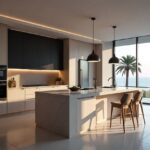 Ultra-luxury Dubai kitchen with statement island featuring premium materials, smart appliances, and panoramic Gulf views.