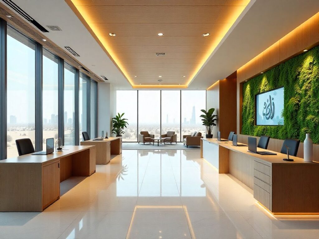 Modern Gulf office background blending minimalism, luxury, smart tech, biophilic elements, and cultural design.