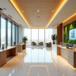 Modern Gulf office background blending minimalism, luxury, smart tech, biophilic elements, and cultural design.