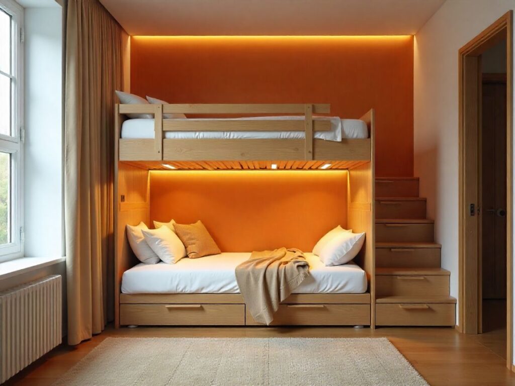 Convertible loft bed design with fold-flat futon and quick-lift bedding storage.