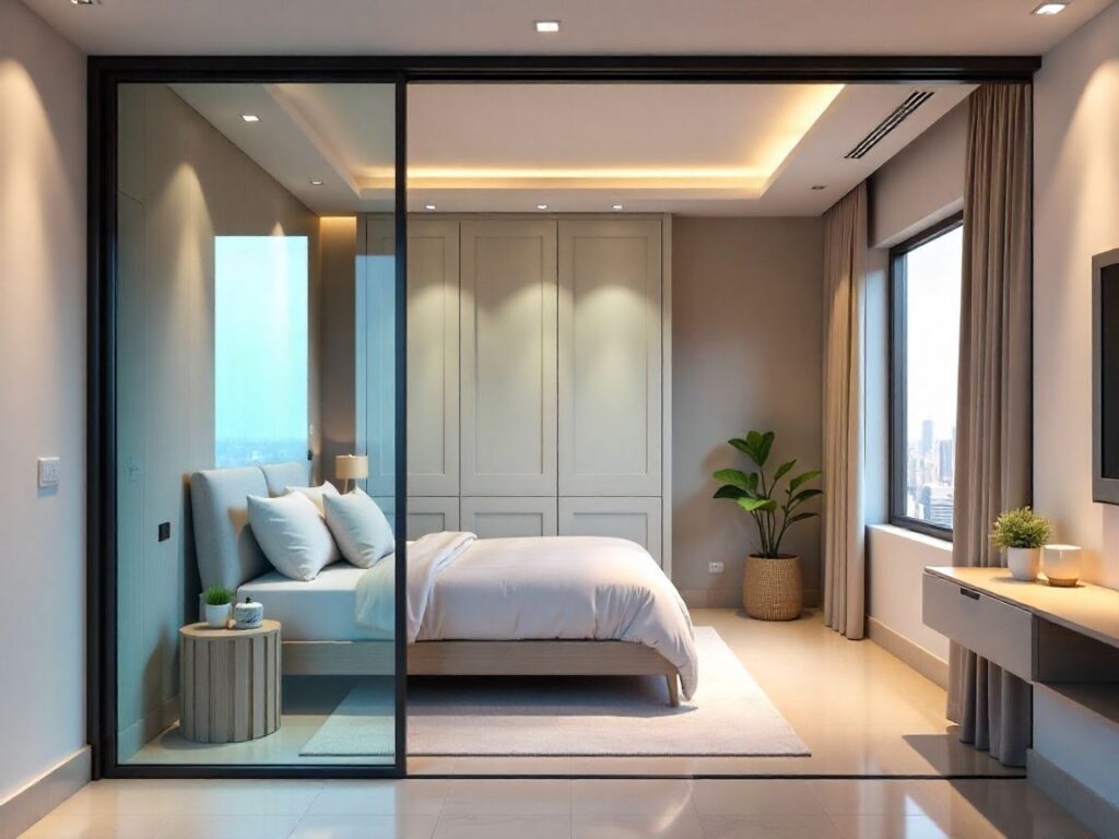 Modern UAE apartment with multiple stylish room divider ideas creating living, dining, and sleeping zones.