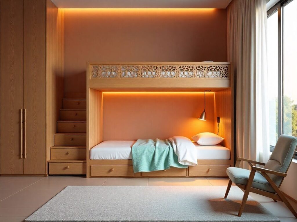 Stylish bunk bed in a modern Gulf bedroom with Arabic patterns and built-in storage.
