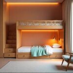 Stylish bunk bed in a modern Gulf bedroom with Arabic patterns and built-in storage.