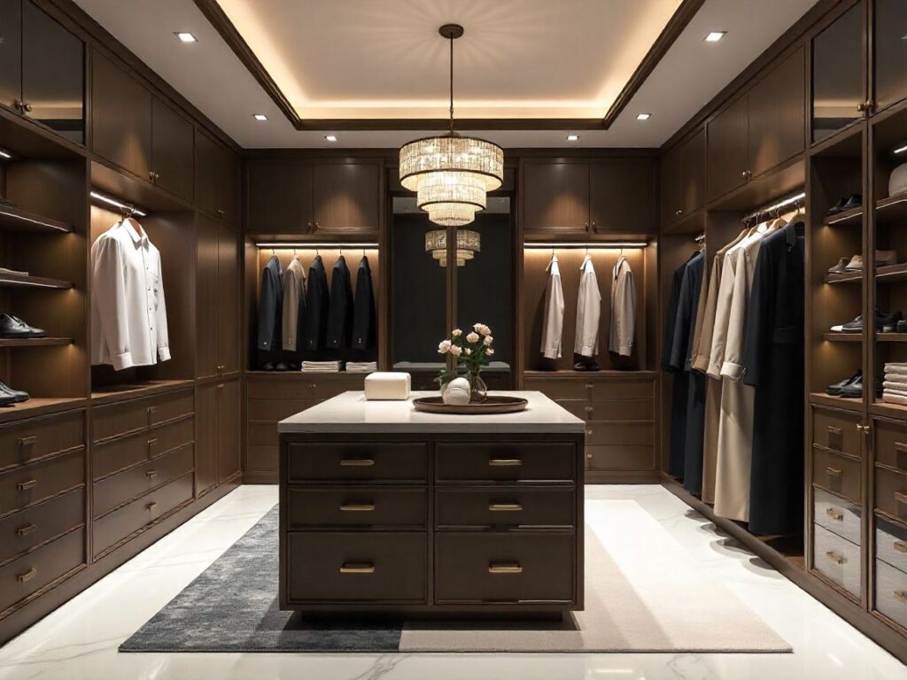 Luxury Gulf walk in closet with U-shaped design, central island, and elegant storage.