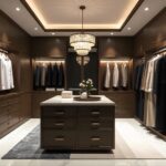 Luxury Gulf walk in closet with U-shaped design, central island, and elegant storage.