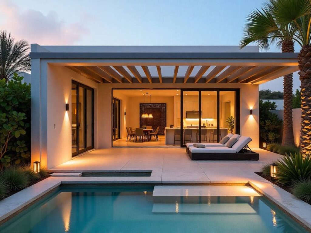 Luxury patio extension for Gulf homes with aluminum pergola, outdoor kitchen, water feature, and modern lighting.