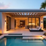 Luxury patio extension for Gulf homes with aluminum pergola, outdoor kitchen, water feature, and modern lighting.