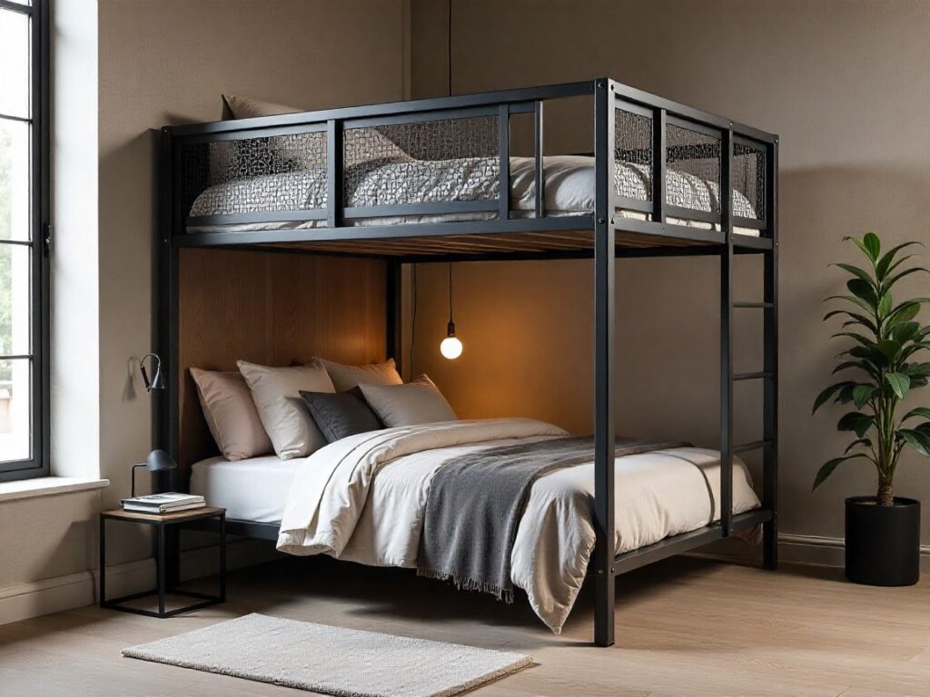 Industrial loft bed design with powder-coated steel and reclaimed wood.