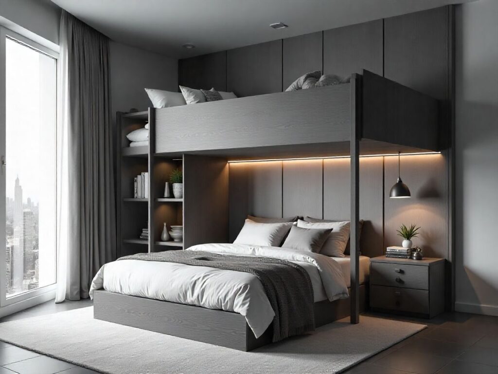 Loft bed design with a floor-to-ceiling bookshelf divider and backlighting.