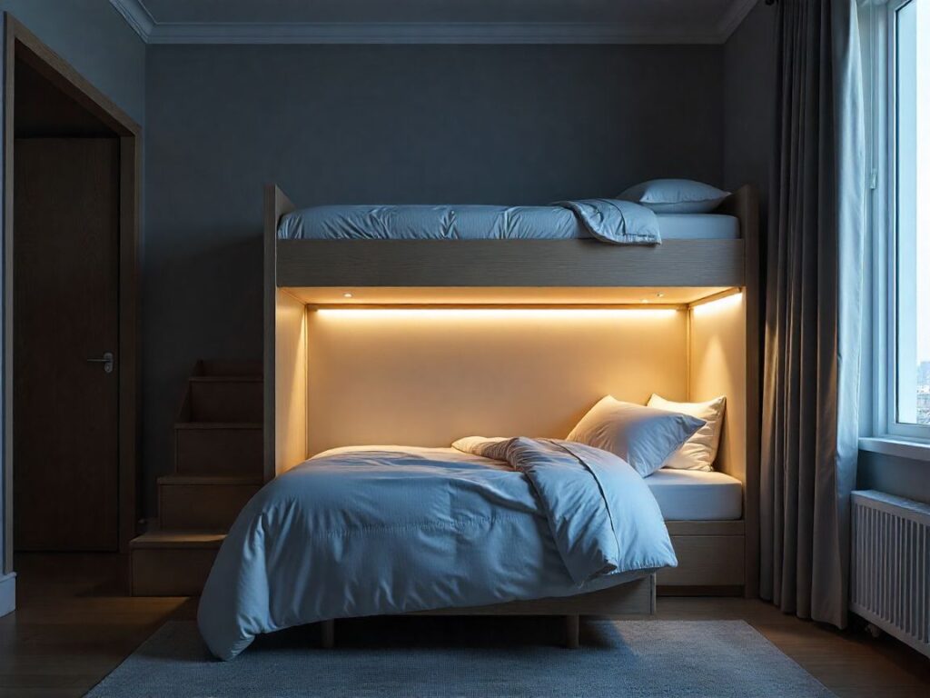 Loft bed design with pull-out closets and LED-lit interiors.