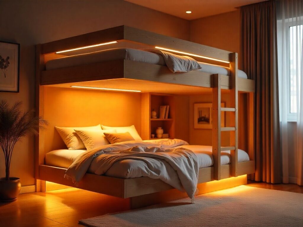 Loft bed design with motion-sensor toe-kick lights and smart controls.