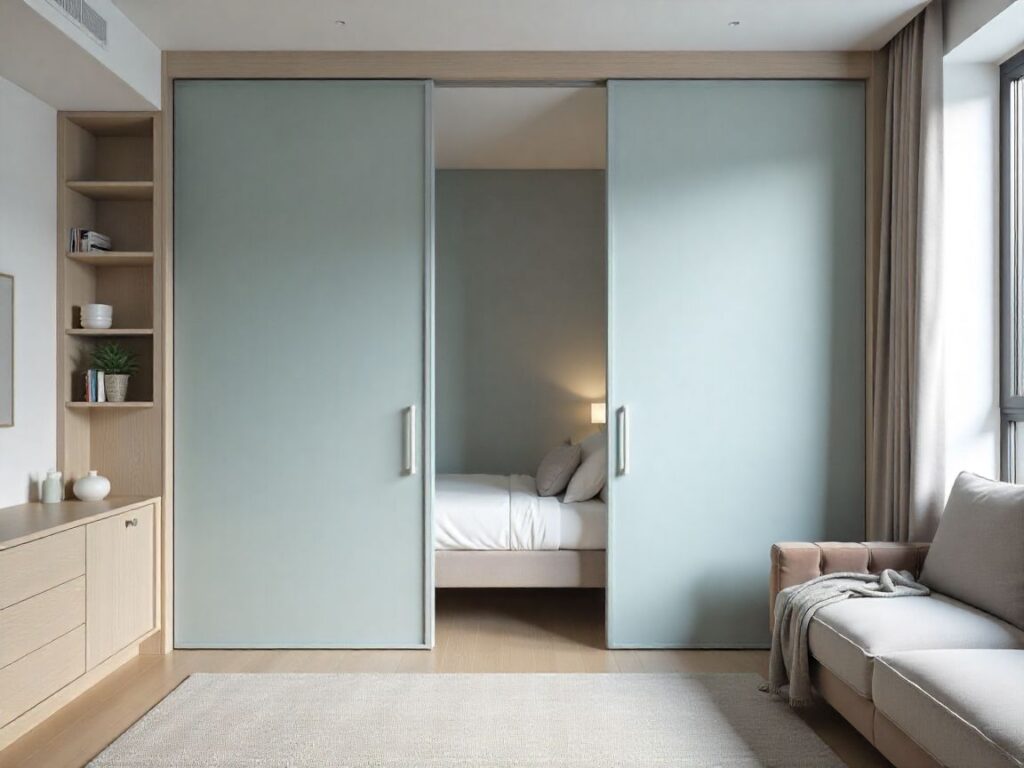 Top-hung sliding door room divider with frosted panels in a UAE flat.