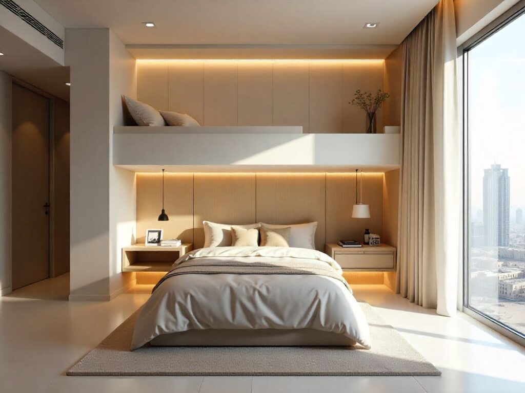 Modern loft bed design in a Gulf home with built-in desk, storage, and LED lighting.