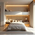 Modern loft bed design in a Gulf home with built-in desk, storage, and LED lighting.